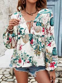 SHEIN Frenchy Summer Tropical Print Knot Neck Lantern Sleeve Blouse Winter Vacation Flower - Multicolor - View 2