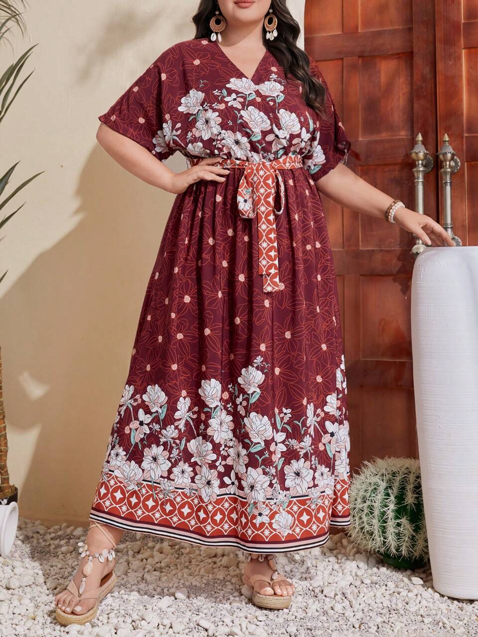 Plus Size Women's Floral Print Wrap Neckline Dress