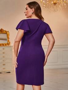 CurvySweet 加大尺碼女式復古v領荷葉邊袖修身連衣裙,腰間褶皺設計 - 紫色 - 查看 2