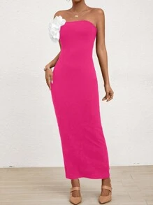 SHEIN Privé Women's Strapless Bodycon Dress With 3d Flower Decoration - Hot Pink - View 6