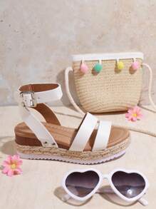 Mini mi White Essential Girls' Summer Platform Espadrille Sandals – Elegant, Classic, And Comfortable With Adjustable Ankle Strap And Triple-Row Strap Design - White - View 5