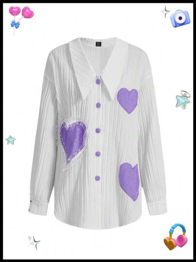 SHEINNeu Kidcore 多巴胺桃心補丁刺繡蕾絲條鬆身襯衫不對稱上衣音樂會紅色女裝夏季襯衫