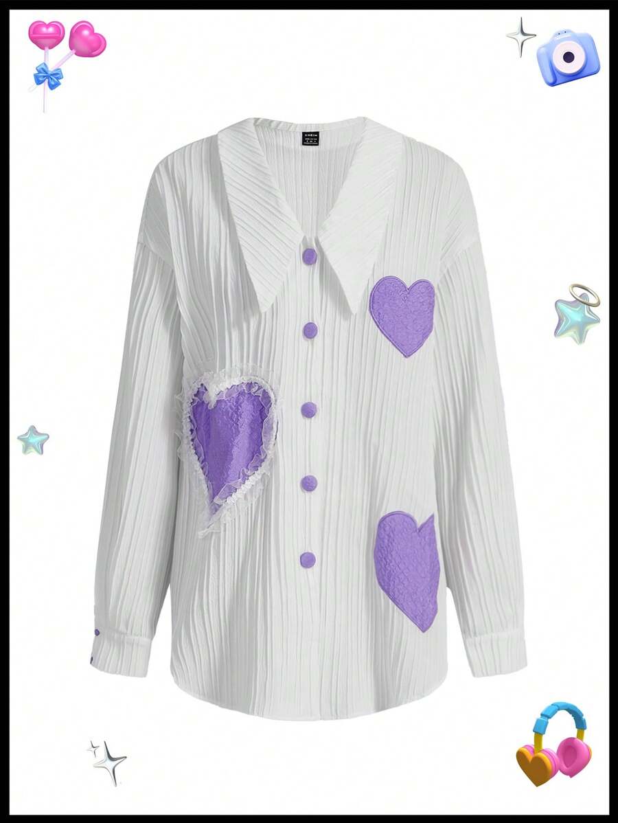 SHEINNeu Kidcore 多巴胺桃心補丁刺繡蕾絲條鬆身襯衫不對稱上衣音樂會紅色女裝夏季襯衫