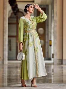 Al Najma Patchwork Jacquard 2 In 1 Long Robe Jalabiya With Weave Ribbon - Green - View 4