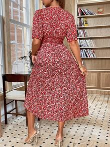 Breezaya 大码女式花卉印花裹腰高开叉短袖连衣裙新年衣服长款女装 - 紅色 - 查看 2