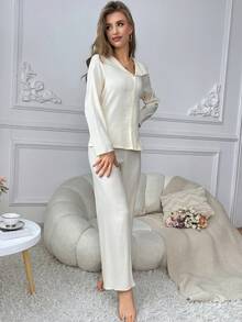 Solid Color Button Front Textured Top And Straight Pants Lounge Wear Set - Apricot - View 3