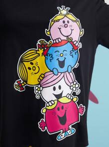 Mr Men Little Miss X SHEIN Cartoon Print Drop  Shoulder T-Shirt - Black - View 4