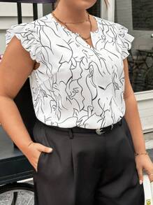 SHEIN Essnce 大码女式新款时尚通勤优雅休闲线条印花荷叶边宽松盖袖夏季衬衫 - 黑與白 - 查看 6