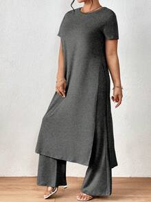 SHEIN LUNE 大尺碼側面分開長上衣與寬腿褲的兩件套裝 - 深灰色 - 查看 6