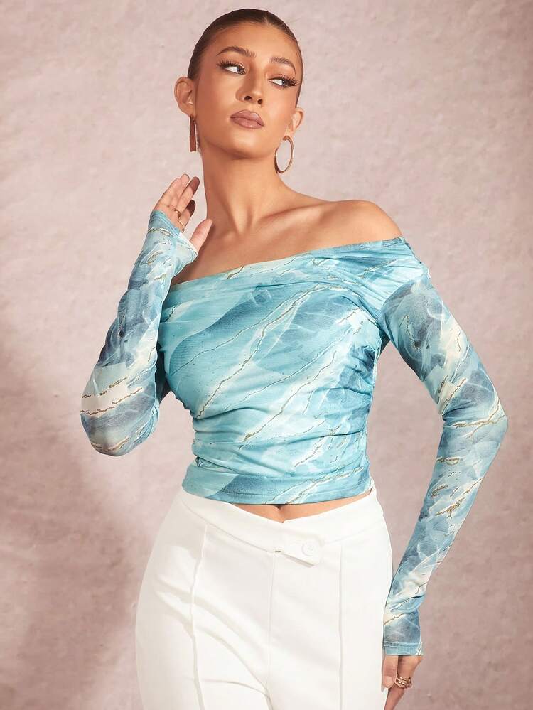 Mesh Marble Print Off Shoulder Puff Sleeve Top