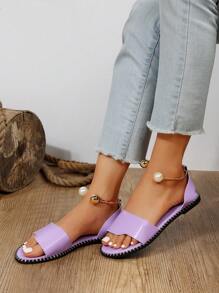 Dép đế bằng trơn màu trơn đơn giản dành cho nữ mùa hè mới có chi tiết khóa ngọc trai giả kim loại và phong cách tươi mới cho ngày lễ tình nhân - Màu tím - Xem 6