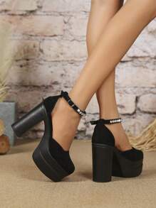 女士高跟鞋2024新款派对度假网红款粗跟双防水台镂空水钻简约玛丽珍黑色时尚百搭女士单带拖鞋，外向网红女士时尚沙滩鞋防滑户外穿拖鞋低鞋面方头高跟厚防水台时尚女鞋 - 黑色 - 查看 6