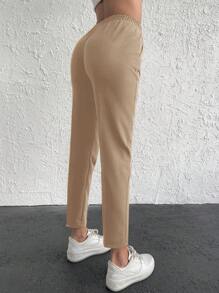 Cottnline 純色抽繩腰部斜袋運動褲 - 杏色 - 查看 4