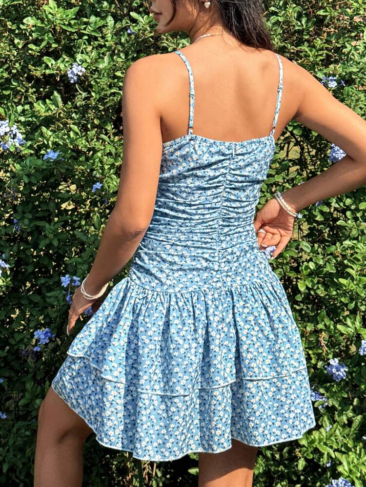 Flower Print Ruffle Hem Pleated Cami Dress