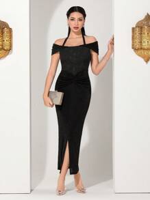 Modelyn 花卉提花挂脖扭花开叉连衣裙长款晚礼服 - 黑色 - 查看 8