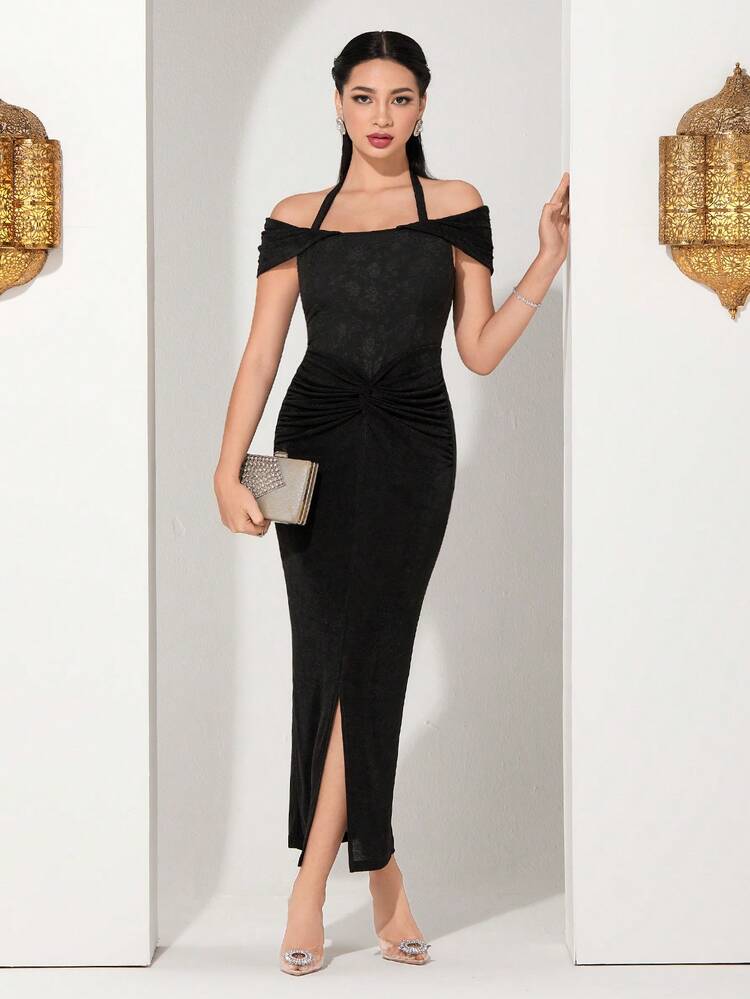 Flower Jacquard Halter Neck Twisted Split Dress Long Evening Dresses