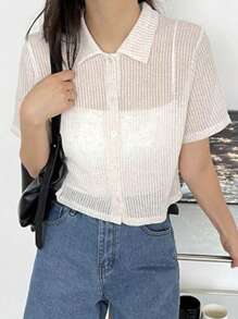 DAZY Button Ribbed Short Sleeve T-Shirt - White - View 1
