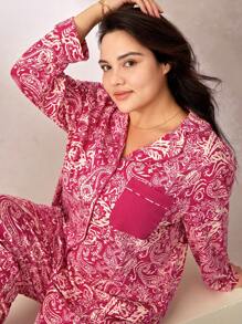 LUVLETTE Autumn And Winter Women Red Plus Paisley Print Cotton Long Pajama Set Lounge Set Lingerie Fall Pajamas Clothes - Hot Pink - View 4