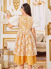 SHEIN Tween Girls Dresses Kontras Mesh Sulaman Zip Bunga Pesta - Kuning - View 2