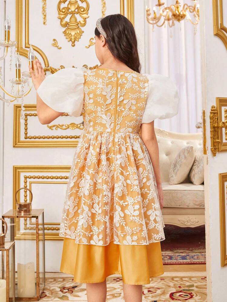 Tween Girls' Fit And Flare Embroidered Tulle Mesh Splice Midi Dress With Puff Sleeves