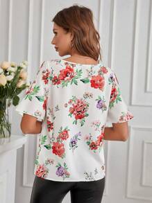 SHEIN Clasi Blusa de manga corta con hombros descubiertos y estampado floral para mujer - Multicolor - Ver 2