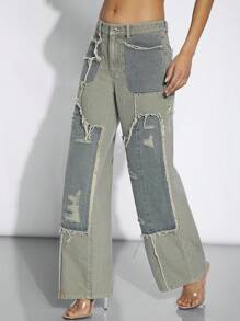 Denimoi Colorblock Wide Leg Pants With Frayed Hem And Pockets - Khaki - View 4