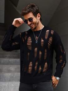 Manfinity Homme 男士做旧镂空针织街头潮流拼色套头长袖上衣，适合外出、朋友聚会、放大男士长袖针织，男士毛衣上衣，男士黑色毛衣，男士针织上衣，适合秋冬 - 黑色 - 查看 5
