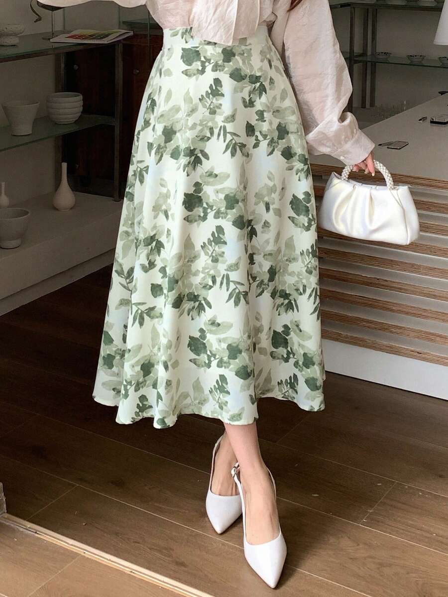 DAZY 女士植物印花中長裙 - 白色 - 查看 1