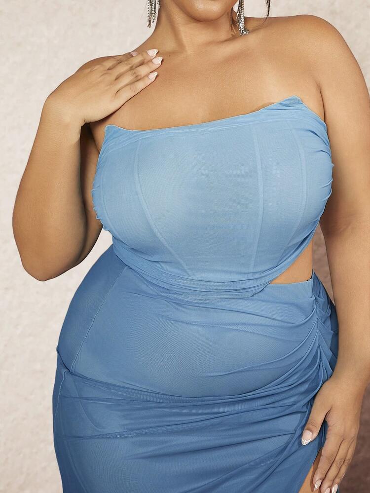 Plus Size Women's Gradient Print Ruffle Short Bustier Top And Gradient Print Drawstring Split Thigh Skirt Set