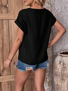 SHEIN LUNE 女士固色露肩拼接蝙蝠袖衫 - 黑色 - 查看 2