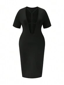 Celure Plus Size Solid Color Backless Bodycon Dress - Black - View 3