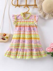 SHEIN 少女草原花卉印花連衣裙,搭配荷葉邊緣 - 彩色 - 查看 1