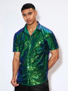 GENTILAND Men's Sequin Short Sleeve Shirt - Green - View 5