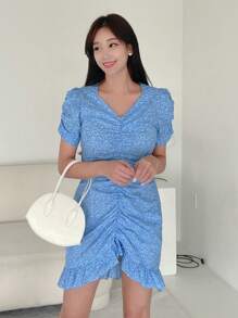 DAZY Ladies' Floral Print Pleated Short Puff Sleeve Dress Sundress