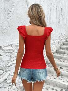 SHEIN VCAY Women's Solid Color Hollow Out Embroidery Peplum Hem T-Shirt - Red - View 2