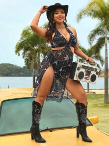 Swim EVENT 大码星形和波尔卡圆点图案印花罩衫和纯色比基尼套装夏季 - 黑與白 - 查看 5