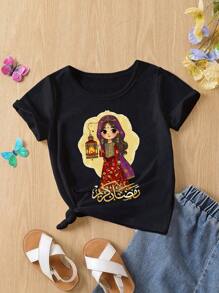 夏日假期青春少女卡通圖案短袖圓領休閒t恤