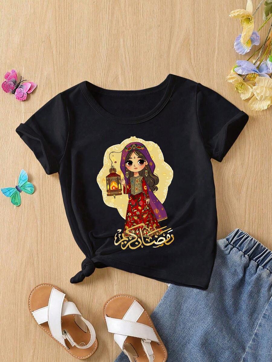 夏日假期青春少女卡通圖案短袖圓領休閒t恤