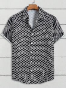 Manfinity Homme 男士幾何圖案短袖襯衫，扣緊圖案格紋工作或休閒裝 - 黑與白 - 查看 6