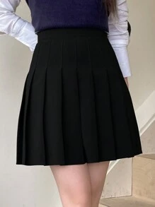 DAZY 女款純色百褶裙 夏季校園風 - 黑色 - 查看 3