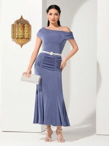 Modelyn Women's Solid Color Asymmetrical Collar Gathered Fish-Tail Dress, Semi Formal Dress Long Evening Dresses - Dusty Blue - View 3