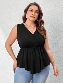 SHEIN Privé Áo Sơ Mi Cổ Chữ V Màu Trơn Thanh Lịch Plus Size Với Viền Bất Đối Xứng, Thích Hợp Cho Công Sở Và Trang Phục Hàng Ngày - màu đen - Xem 4