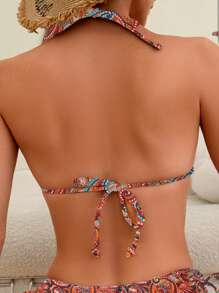 SHEIN Swim Bộ bikini dây buộc cổ in họa tiết Paisley đi biển mùa hè dành cho nữ - Nhiều màu - Xem 5