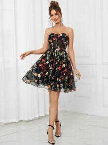 SHEIN Belle Elegant Women's Black Multi-Color Strap Top See-Through Romantic Mesh Embroidery 3D Floral A-Pend Fluffy Country Music Festival Easter Summer Vacation Wedding Event Bachelor Party Date Graduation Party Date Cocktail Party Dress Prom Semi Formal Wedding Guest Dress, For Birthday, Homecoming - Black - View 5