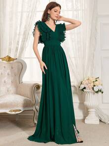 Ladies' Solid Color Ruffle Hem Slit Bridesmaid Dress - Green - View 6