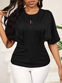 SHEIN Lady 女性 Masson色 無領褶皺蝙蝠短袖 T 恤 - 黑色 - 查看 3
