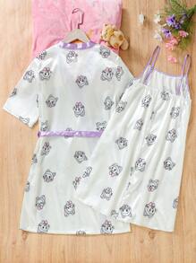 Teen Girl's Simple Fashion Cartoon Printed Cami Nightdress With Short Sleeve Robe Set For Home Wear - Multicolor - View 2
