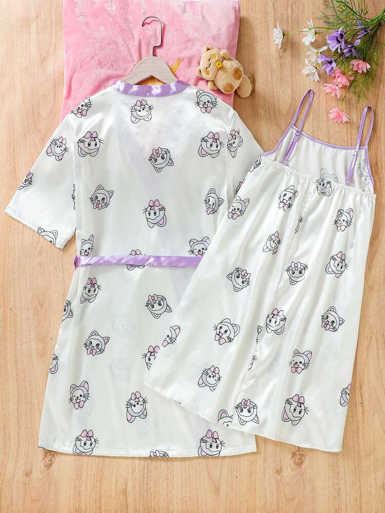 Teen Girl's Simple Fashion Cartoon Printed Cami Nightdress With Short Sleeve Robe Set For Home Wear