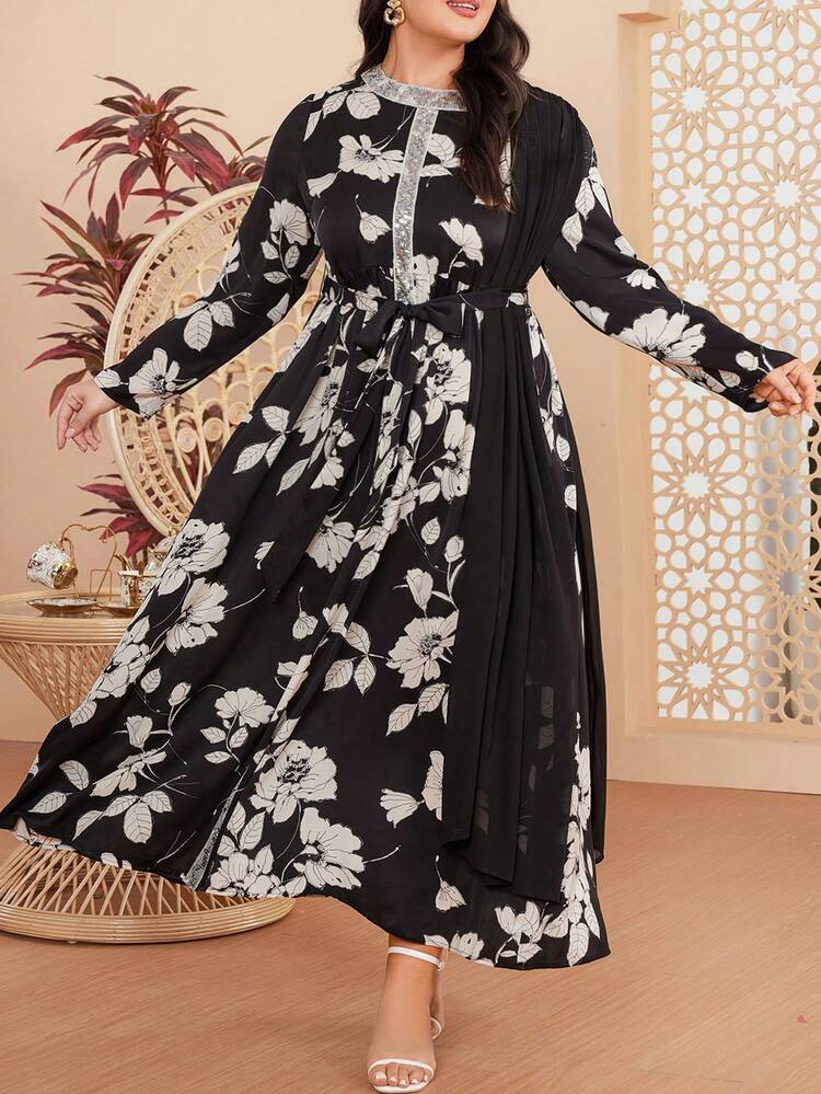 Plus Size Women's Floral Printed Glitter Patchwork Dress