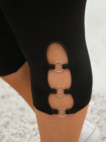 SHEIN LUNE Black 7-Point Leggings With Cutout Details For Women, Stretchy High-Waisted Leggings, Suitable For Sports, Casual And Fashion Wear